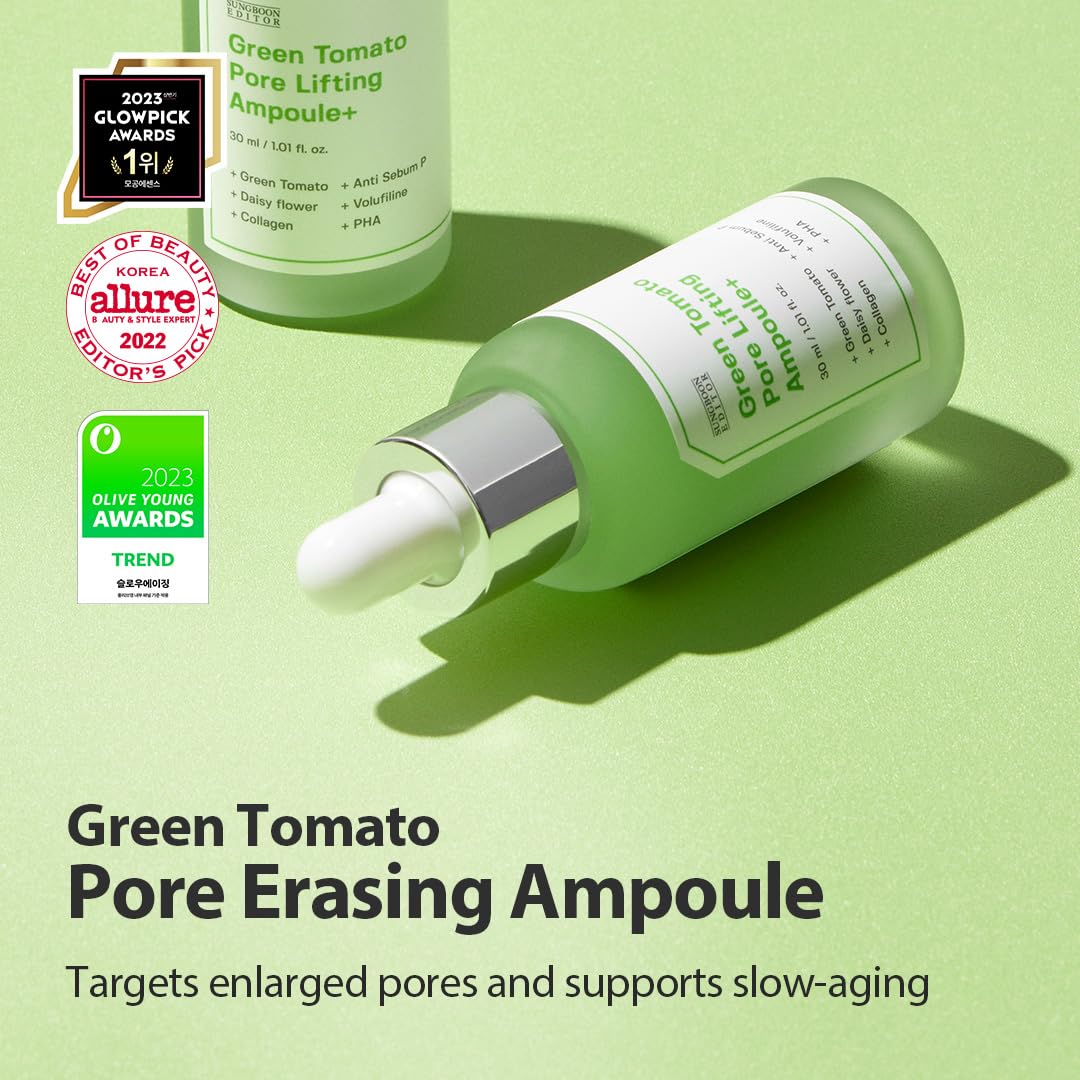 SUNGBOON EDITOR Green Tomato Pore Lifting Ampoule | Pore Minimizer Serum with Niacinamide & Green Tomato Extract | Hydrating & Firming Care for Sensitive Skin | Korean Skincare
